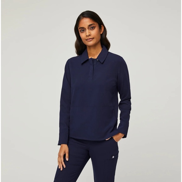 Figs Tops - Figs Women’s Nala Longsleeve ScrubPolo Navy - Size Medium